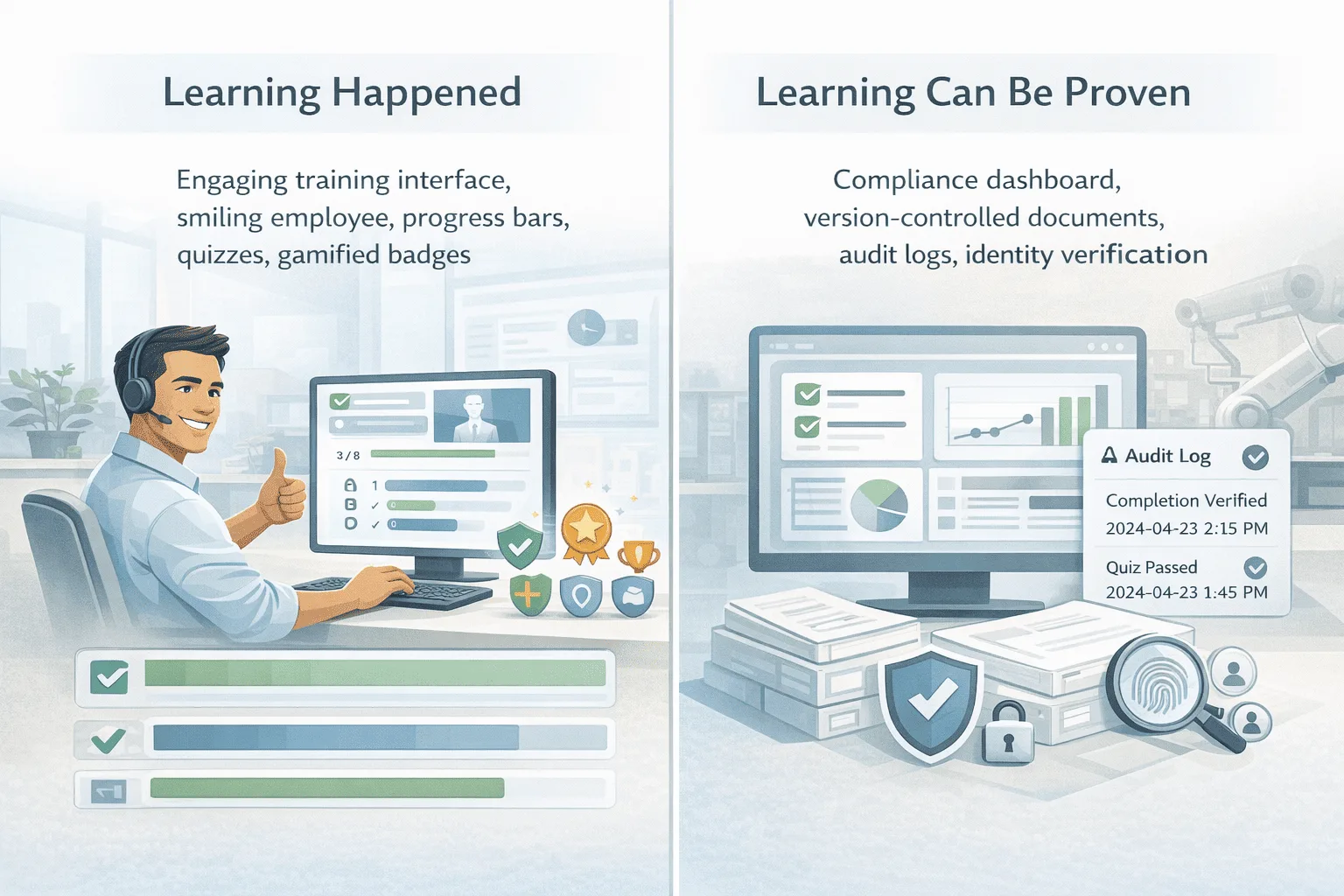 Comparison of employee learning completion versus audit-defensible compliance evidence