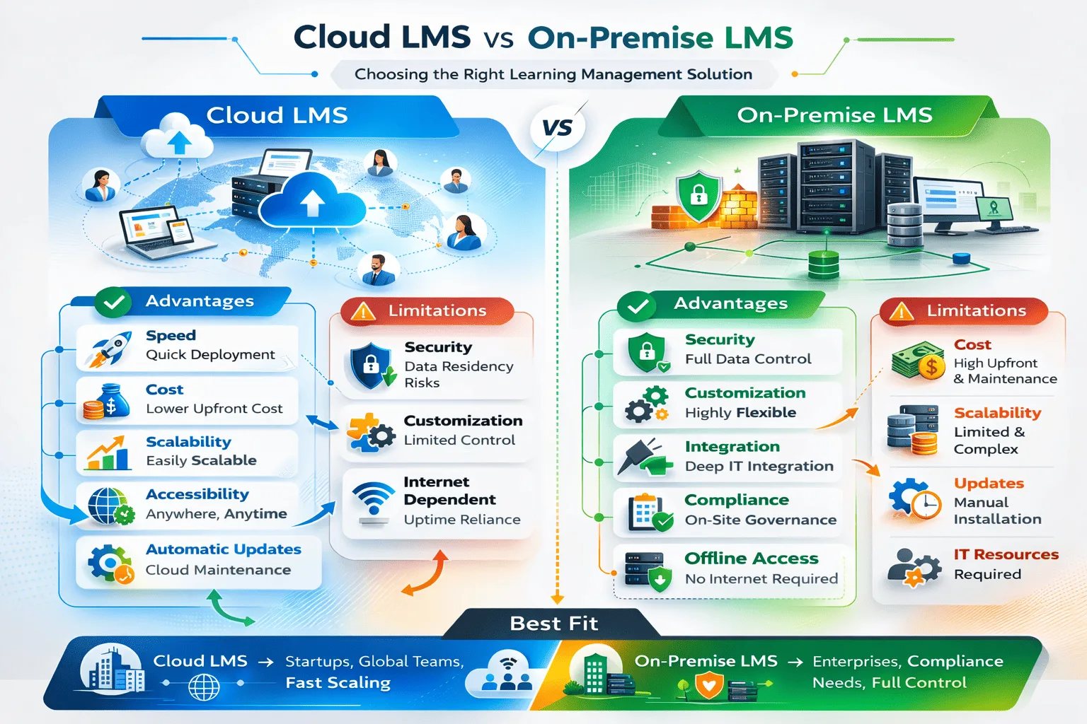 Infographic comparing cloud LMS and on-premise LMS deployment models 