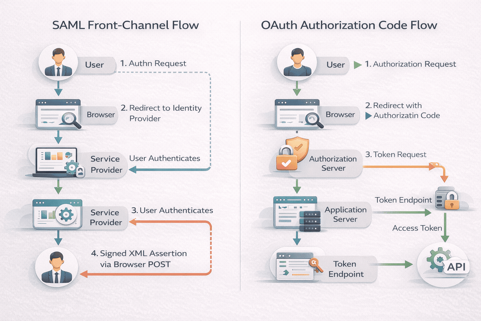 Technical diagram comparing SAML browser redirect flow and OAuth authorization code flow