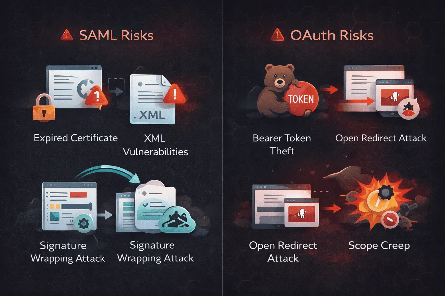 Infographic showing SAML certificate risks and OAuth token theft risks