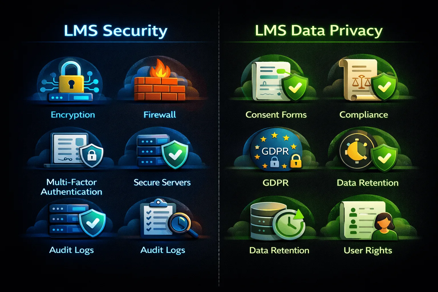 Infographic comparing LMS security tools with LMS data privacy compliance controls. 
