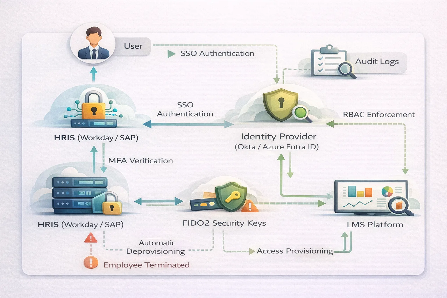 IAM integration diagram showing HRIS, SSO, MFA and LMS deprovisioning automation. 