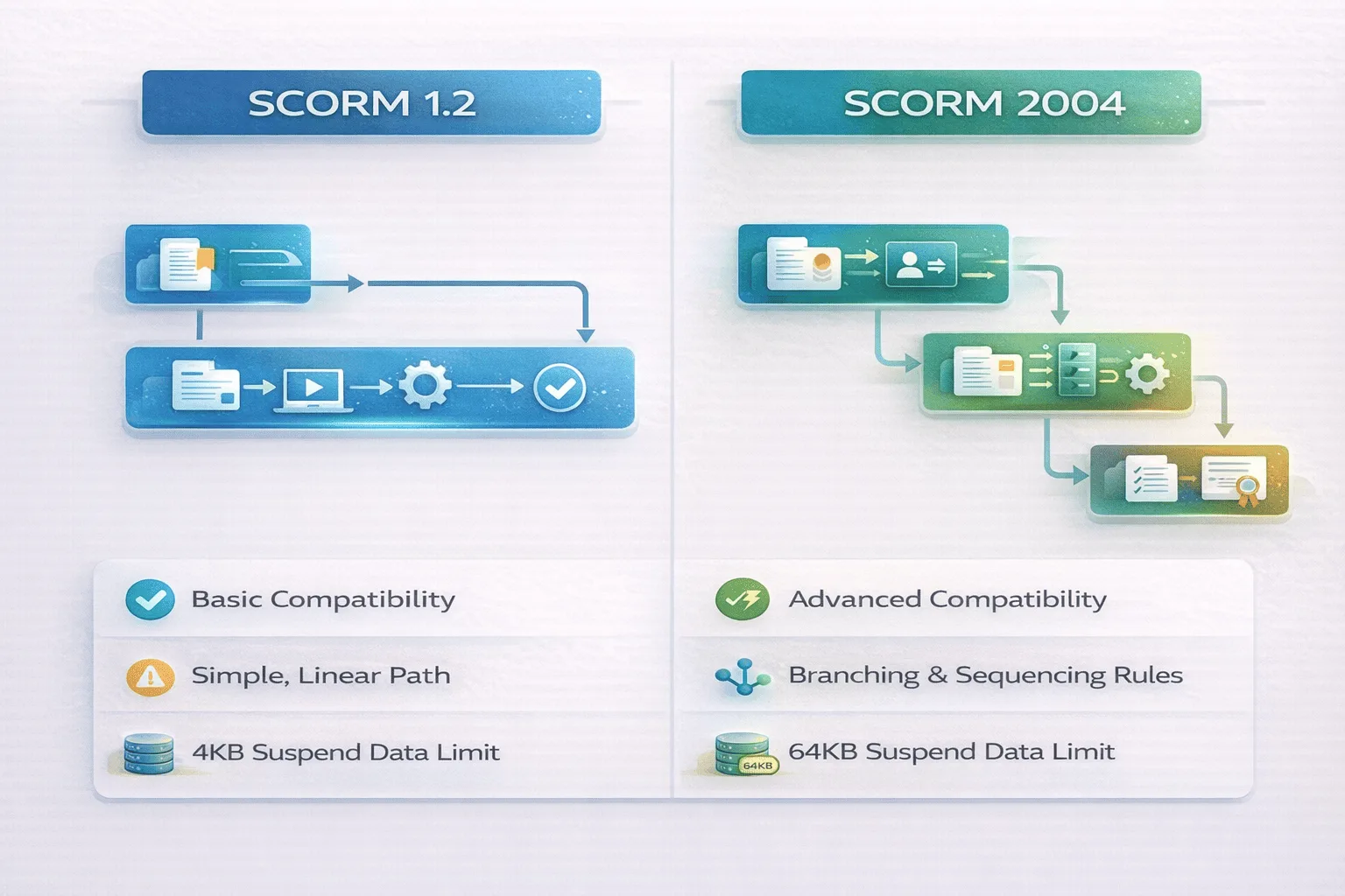 Infographic comparing SCORM 1.2 and SCORM 2004 features and sequencing. 