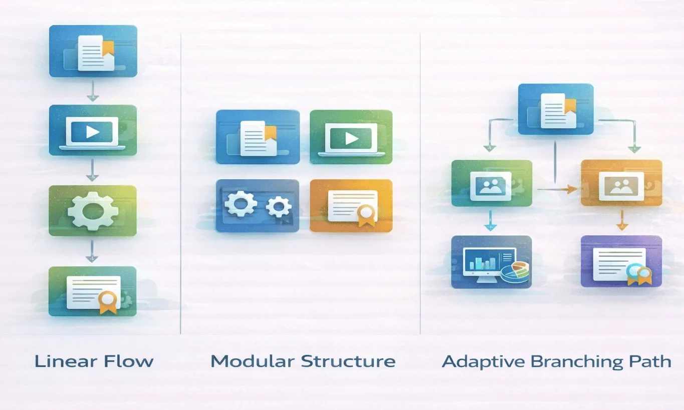 Visual comparison of linear, modular, and adaptive LMS course structures.