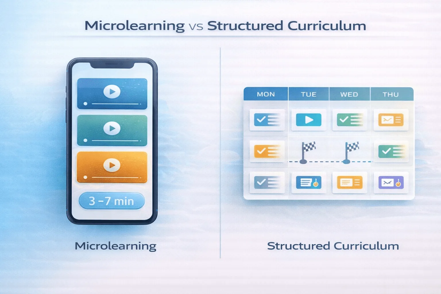 Comparison infographic showing microlearning modules versus structured curriculum timeline.