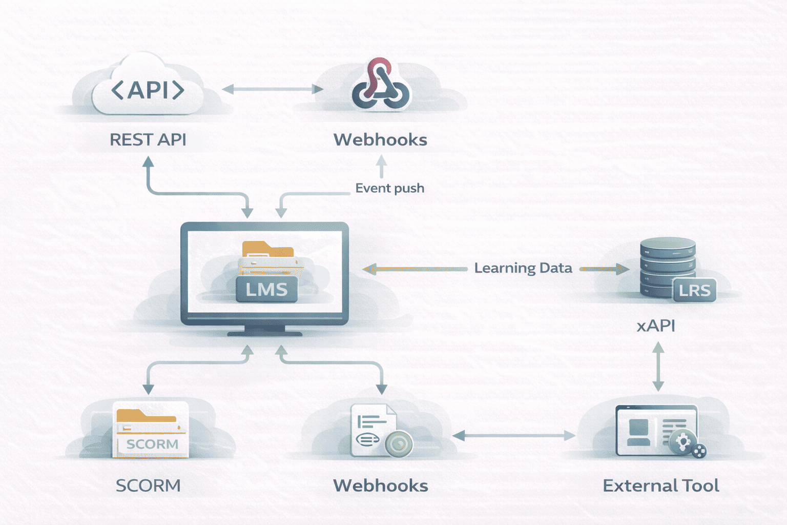 Architecture diagram showing differences between REST APIs, Webhooks, SCORM, xAPI, and LTI in LMS systems.