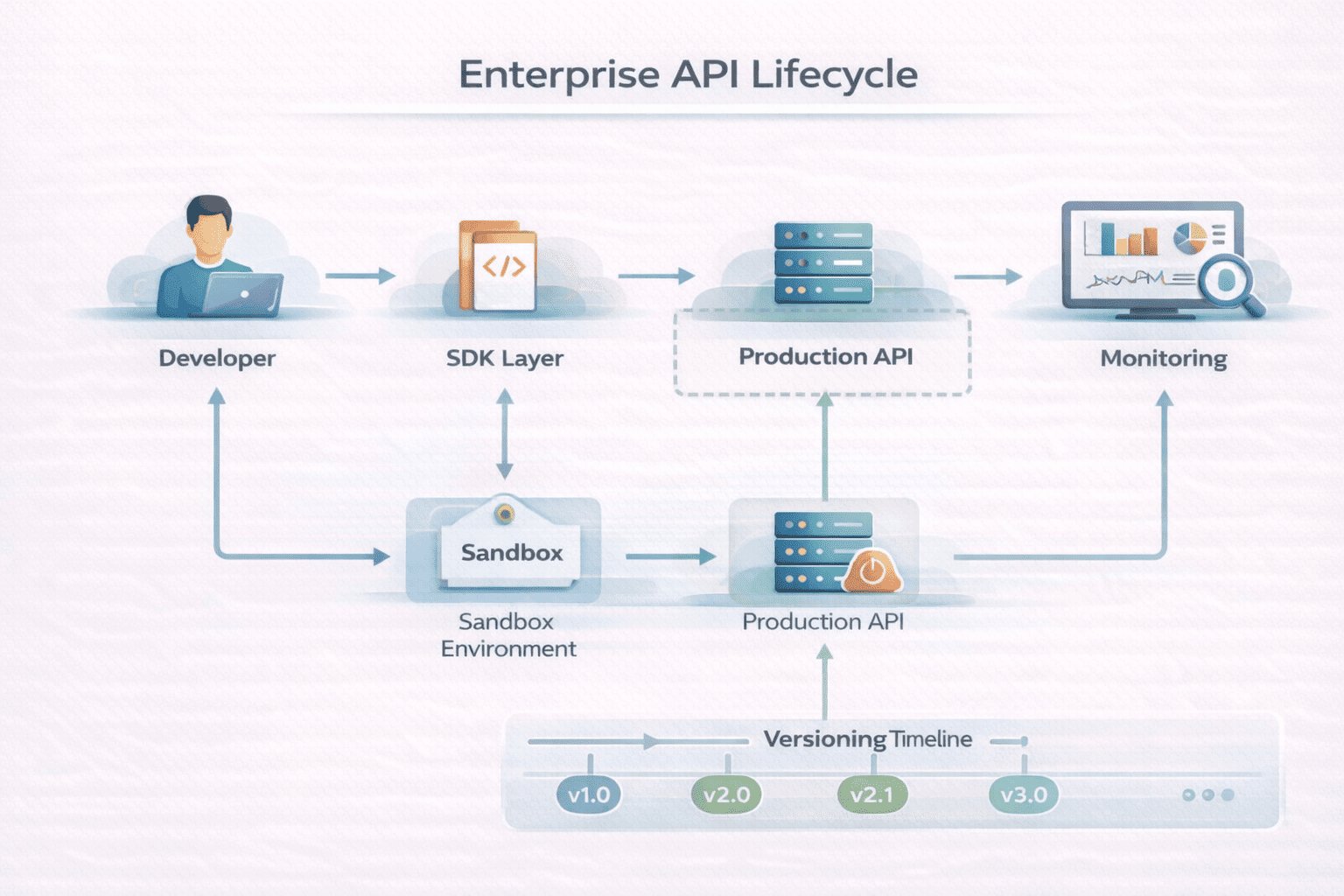 Diagram illustrating LMS API lifecycle including SDKs, sandbox testing, rate limits, and versioning strategy.