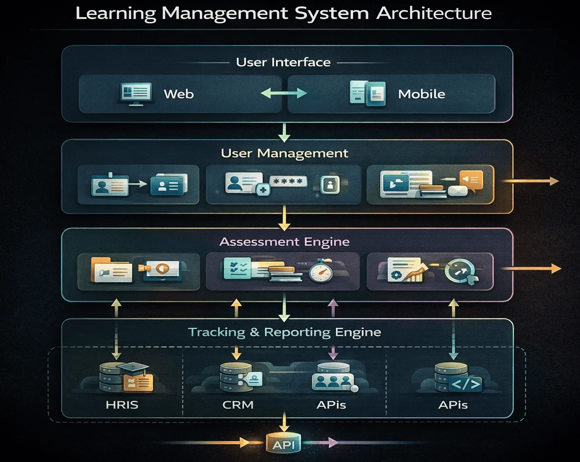Learning management system architecture diagram showing UI, content repository, assessments, reporting, and integrations 