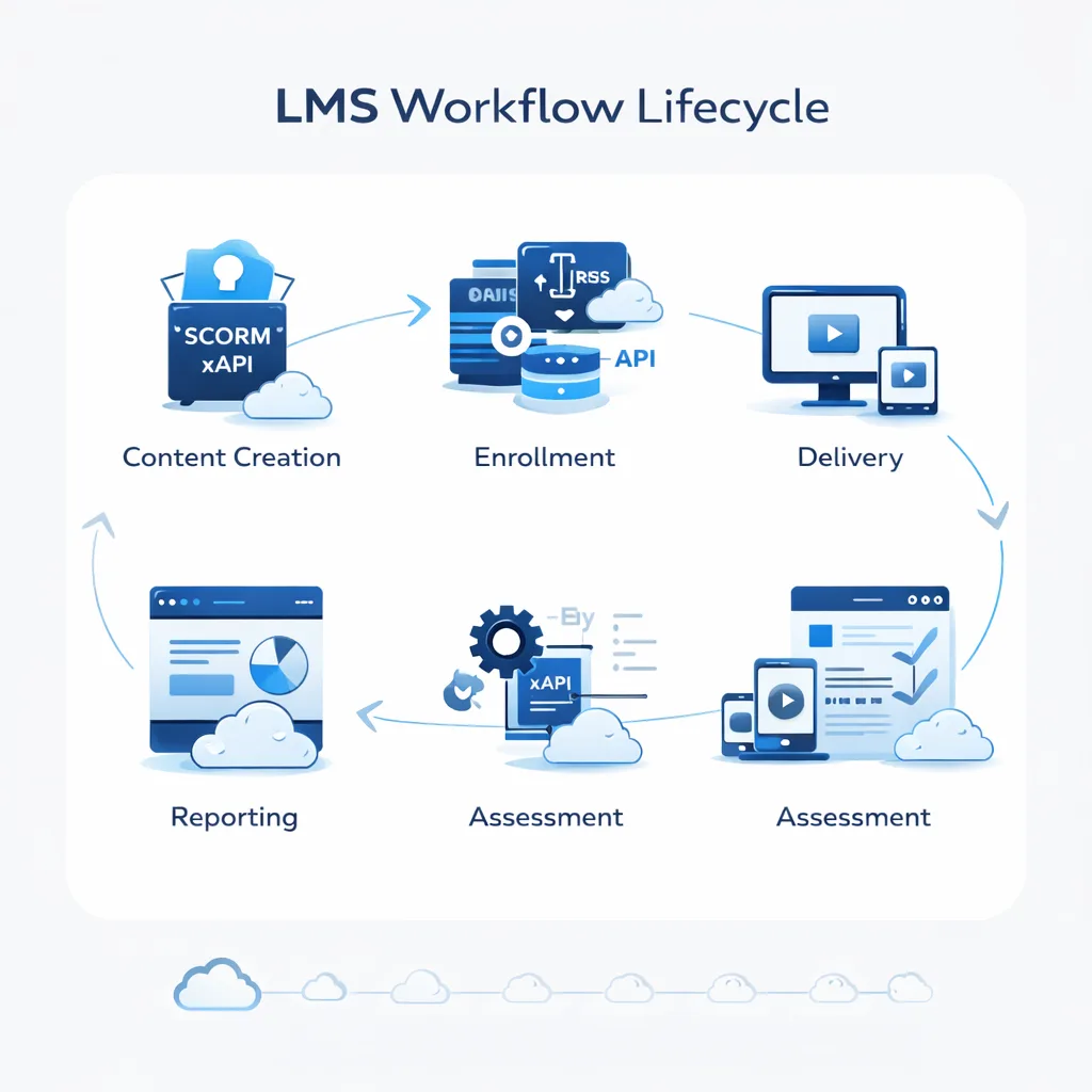 Step-by-step LMS workflow from content creation to reporting. 