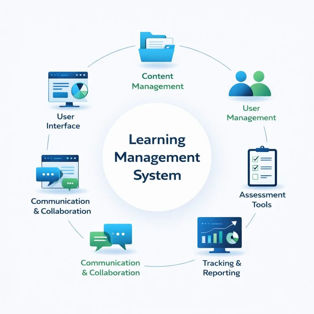 Diagram of six essential LMS components arranged around central LMS core 