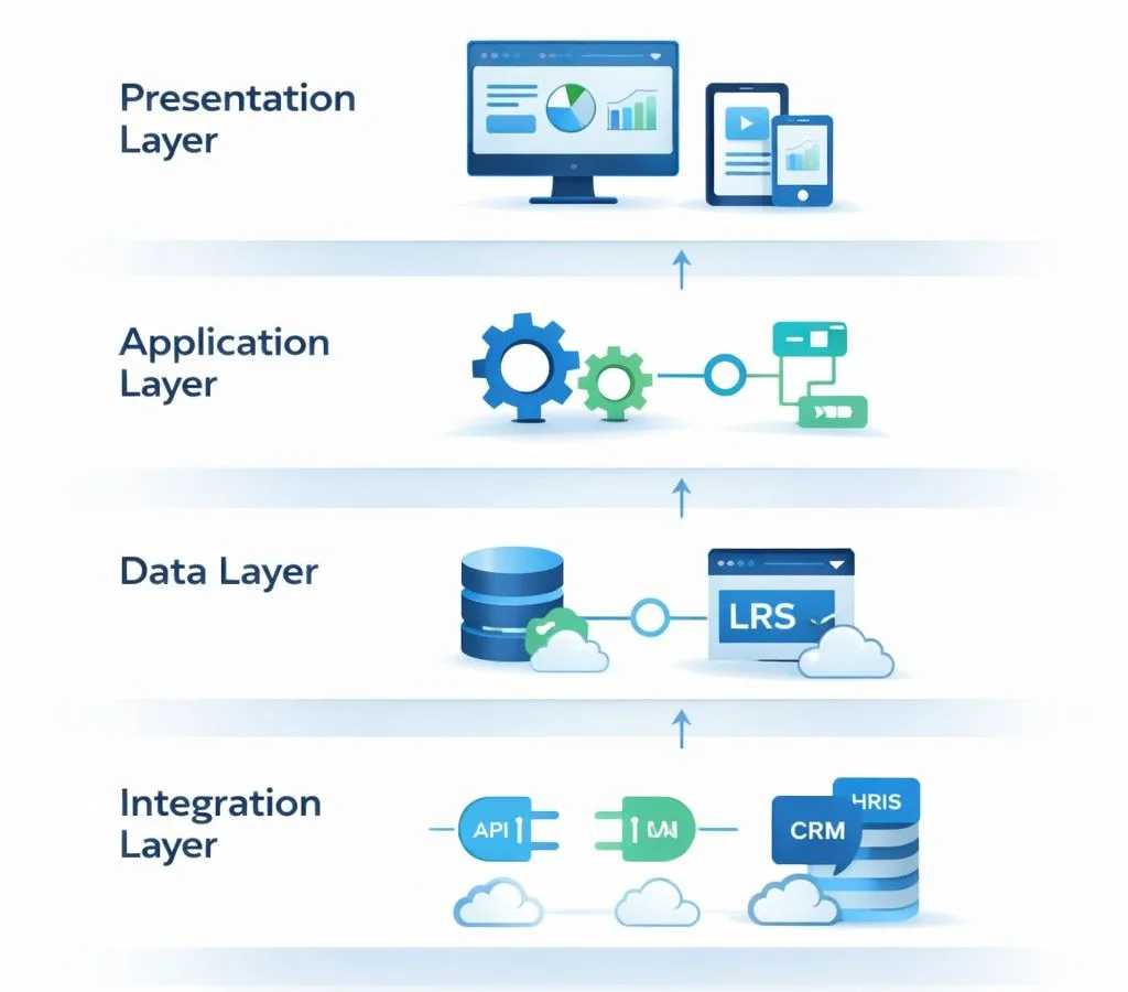 Four-layer LMS architecture diagram showing presentation, application, data and integration layers 