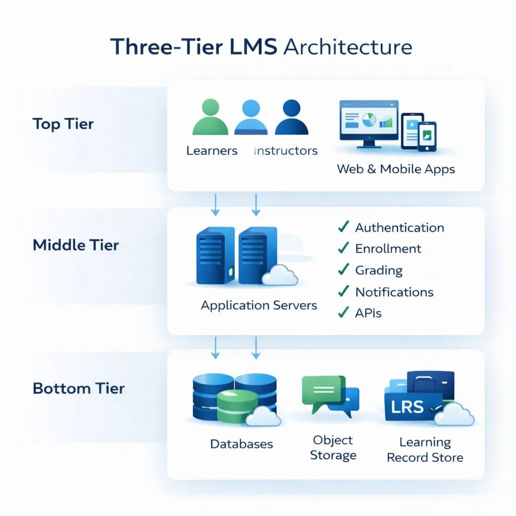 Three-tier LMS architecture showing frontend, backend, and data layers