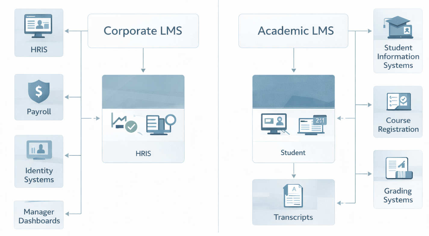 Diagram showing how corporate LMS integrates with HR systems and academic LMS integrates with SIS