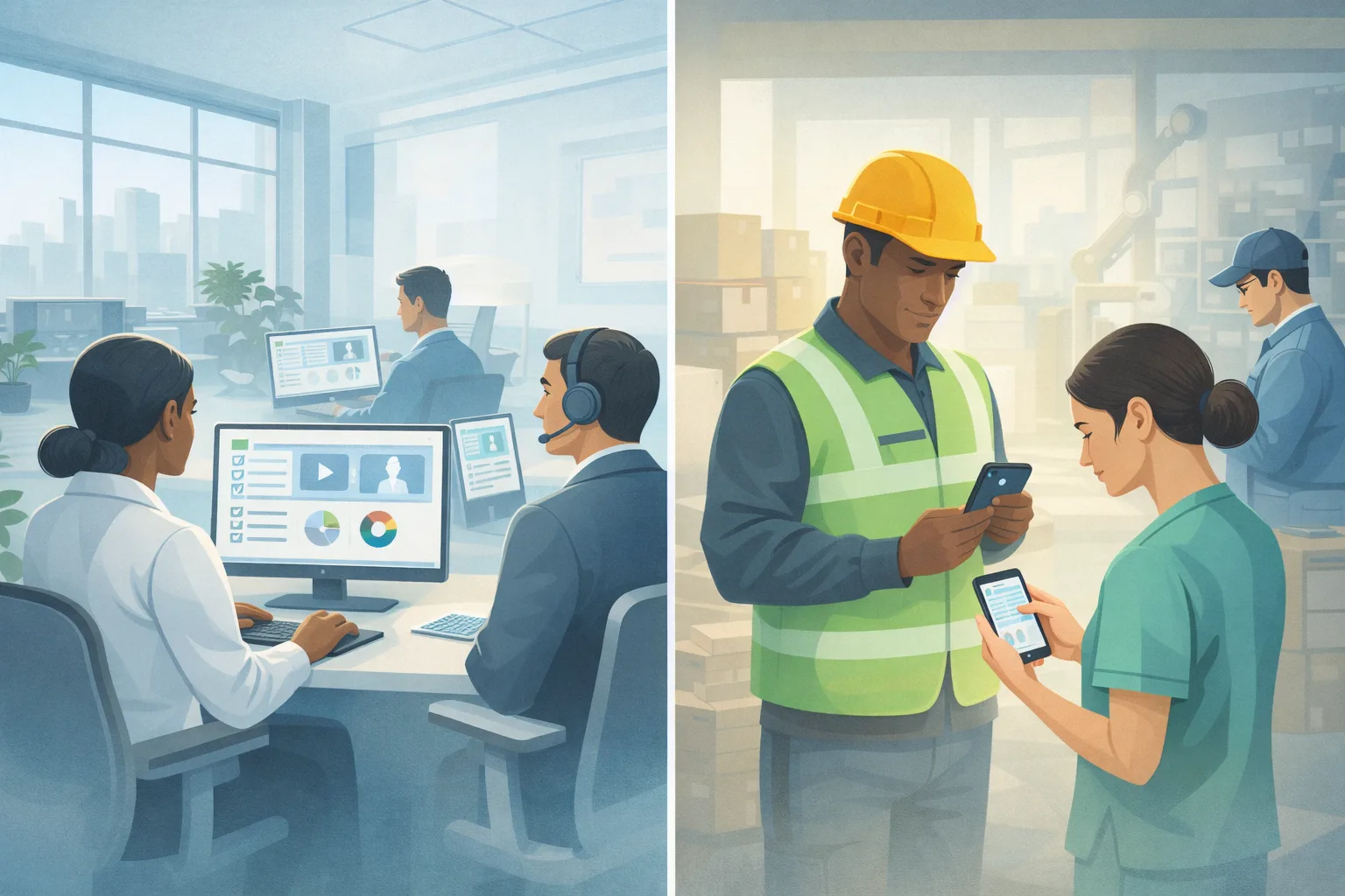 Illustration comparing LMS usage for desk-based employees and frontline workers 