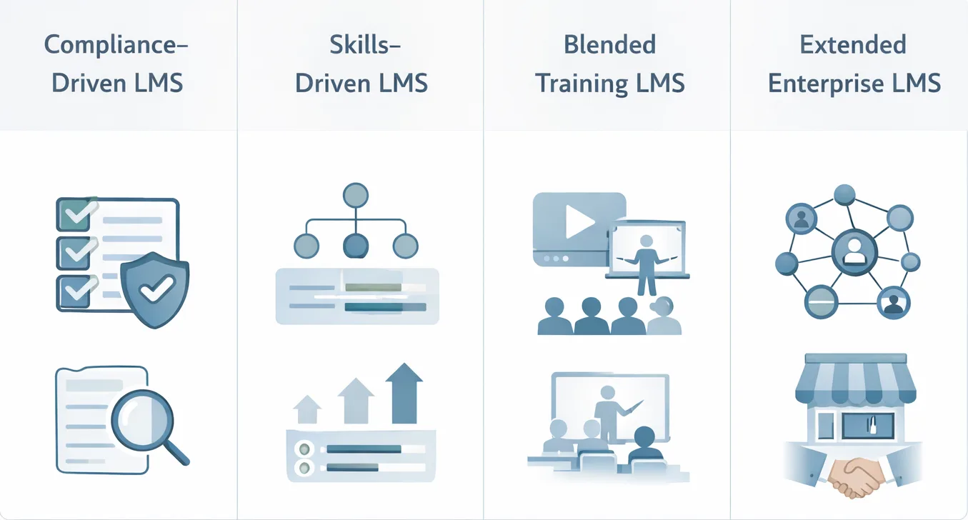  Diagram showing compliance-driven, skills-driven, blended, and extended enterprise LMS models