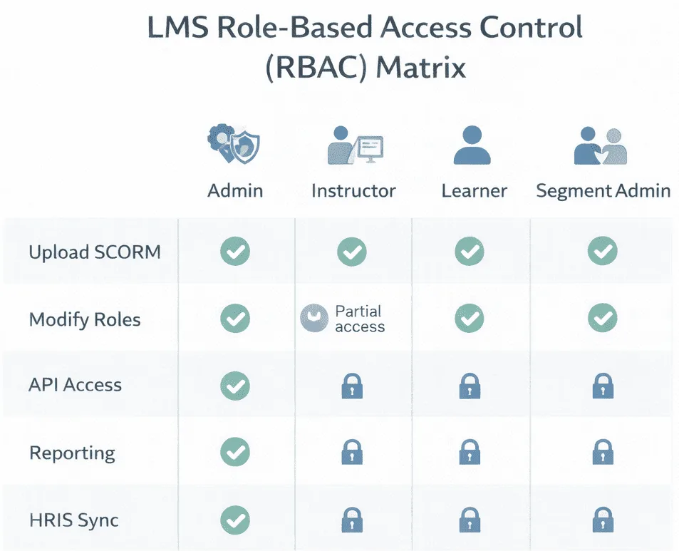 Infographic showing a role-based access control matrix for LMS user roles.