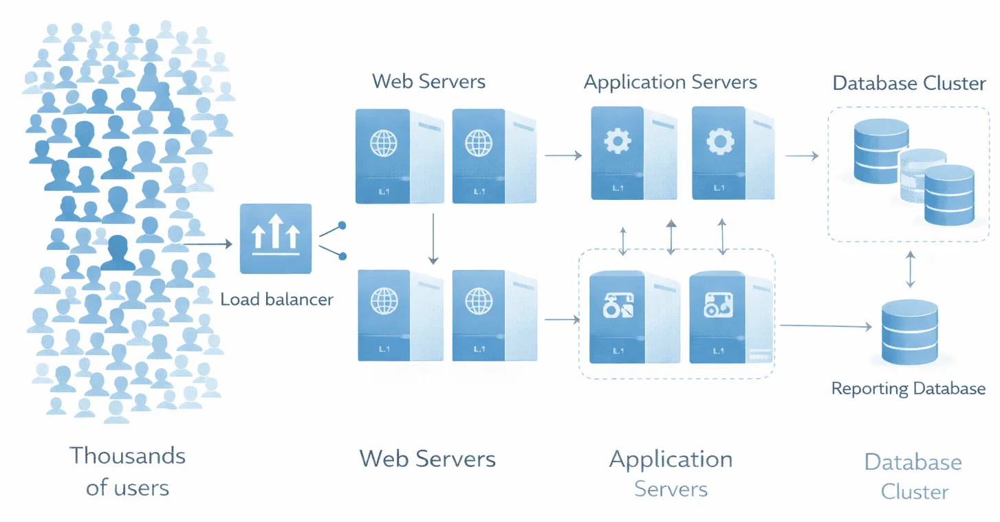 LMS scalability diagram showing load balancer, application servers, and database cluster.