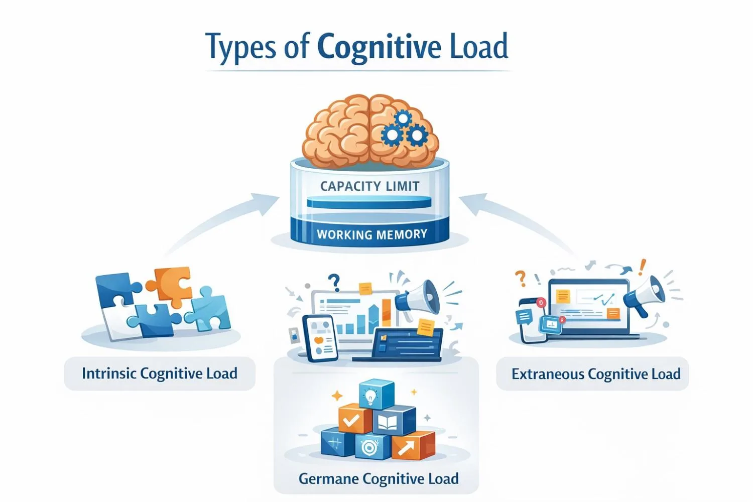Infographic explaining intrinsic, extraneous, and germane cognitive load in learning.