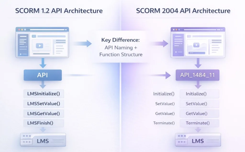 SCORM 1.2 vs SCORM 2004 API architecture comparison diagram showing LMS communication flow
