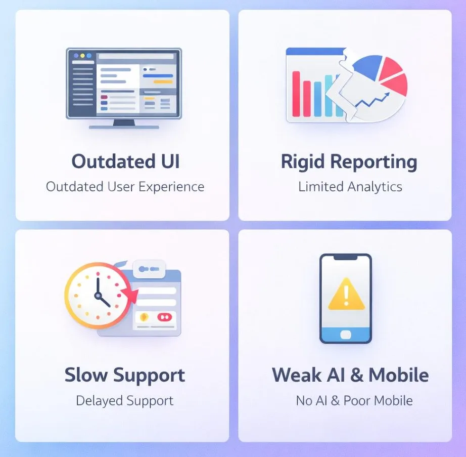 Key limitations of Saba LMS including outdated UI poor reporting slow support and lack of AI capabilities infographic