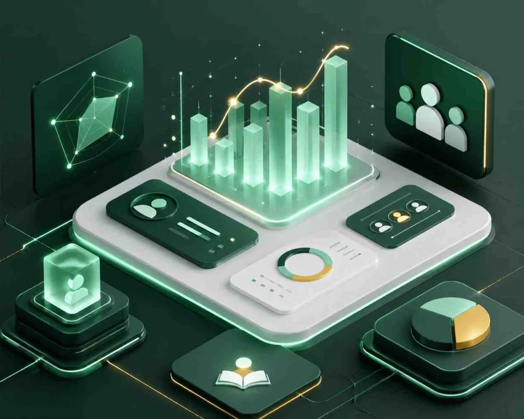 Interactive 3D dashboard showing training needs assessment results, skill gaps, and compliance metrics for L&D professionals.