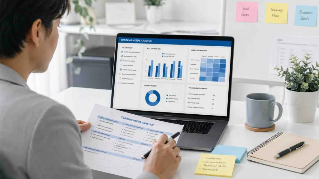 HR professional reviewing training needs analysis template with performance charts