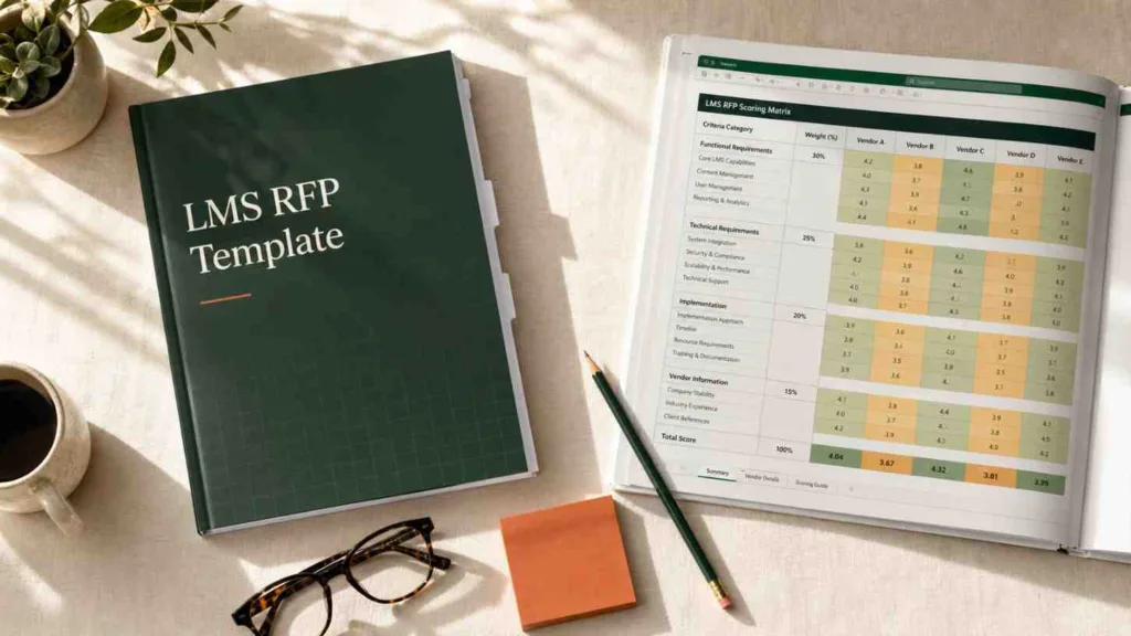 LMS RFP Template Word document and Vendor Evaluation Questionnaire Excel workbook laid flat on a cream surface with a pencil and notes
