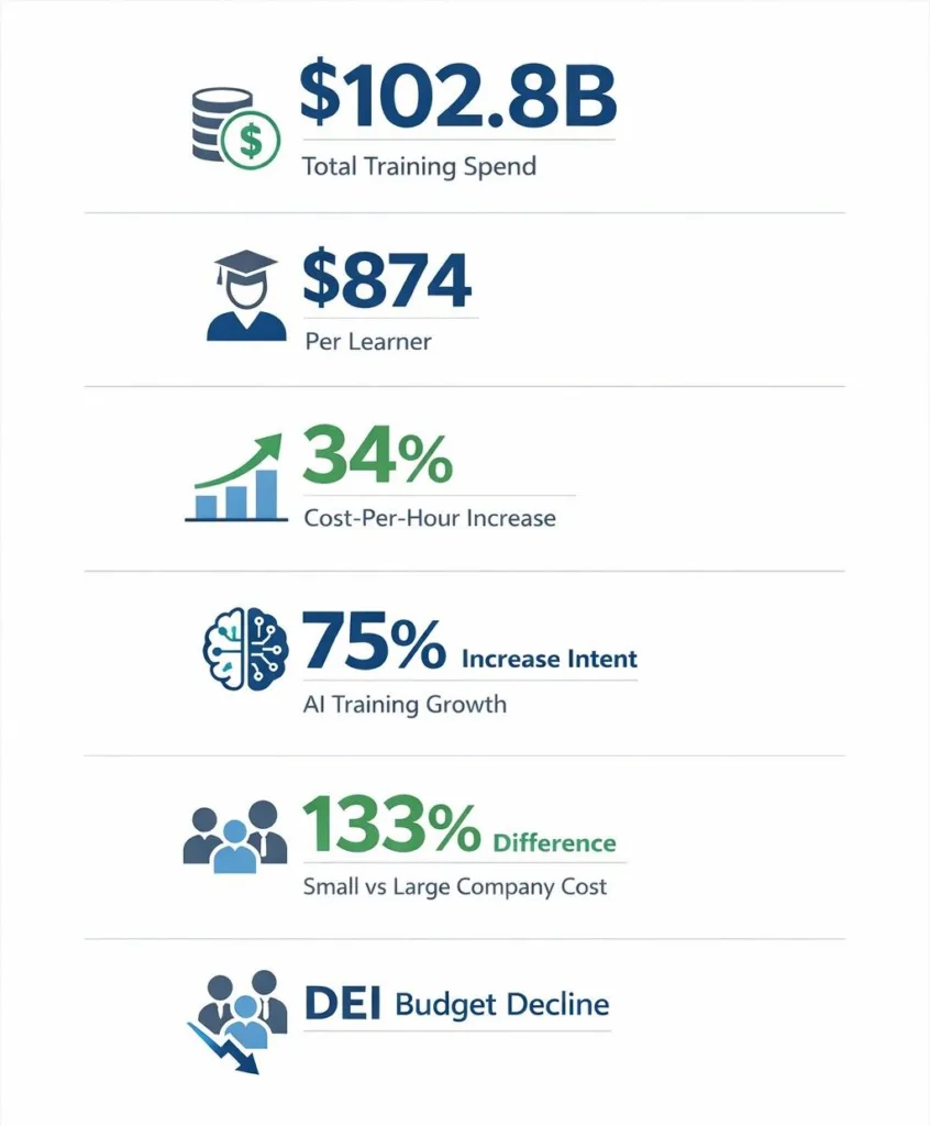 Infographic showing corporate training budget statistics and AI trends 2025