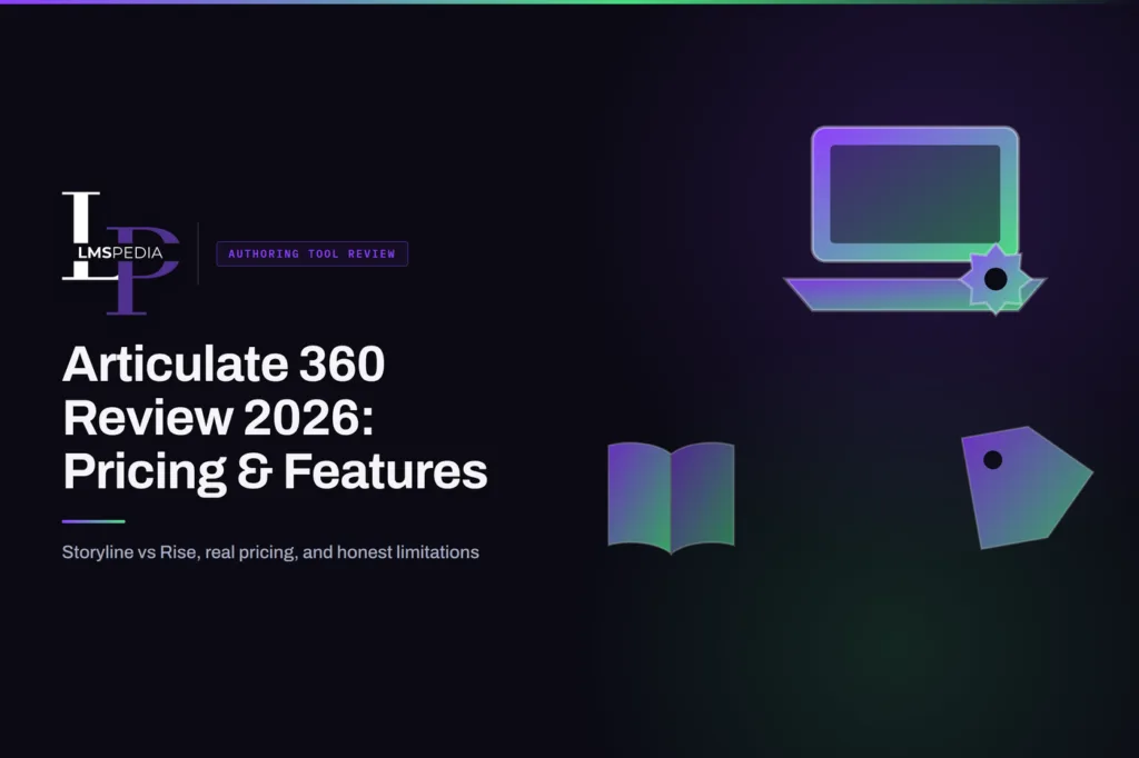 Laptop with a gear icon representing an Articulate 360 authoring tool review on a dark LMSPedia background