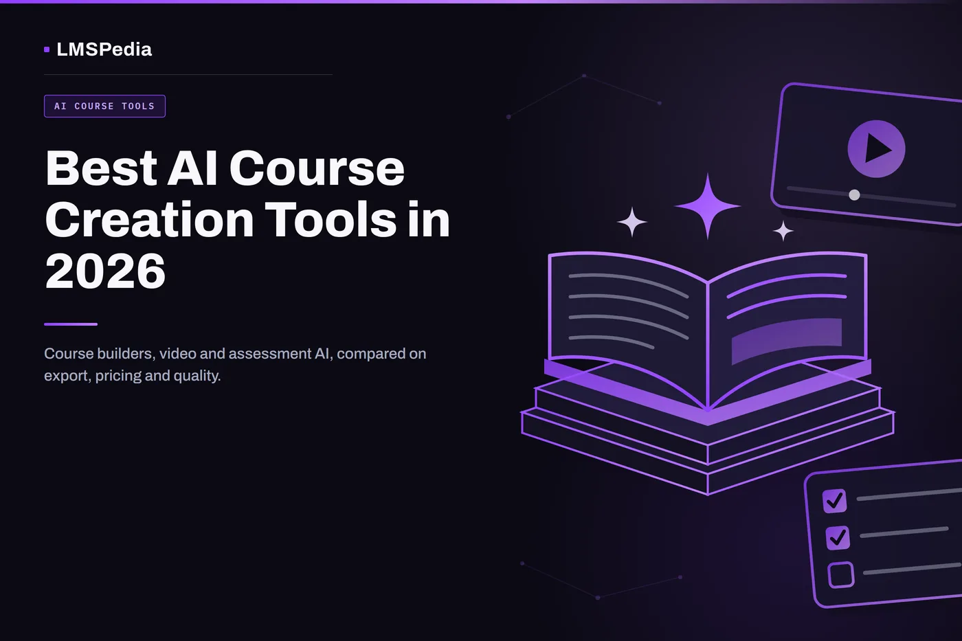 Illustration of an open course book on stacked course modules with AI sparkles, a video play card and a quiz checklist, for the best AI course creation tools in 2026