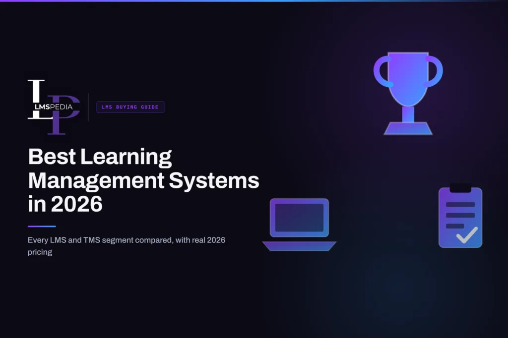 Trophy, laptop and checklist icons representing a 2026 learning management system buyer's guide on a dark LMSPedia background