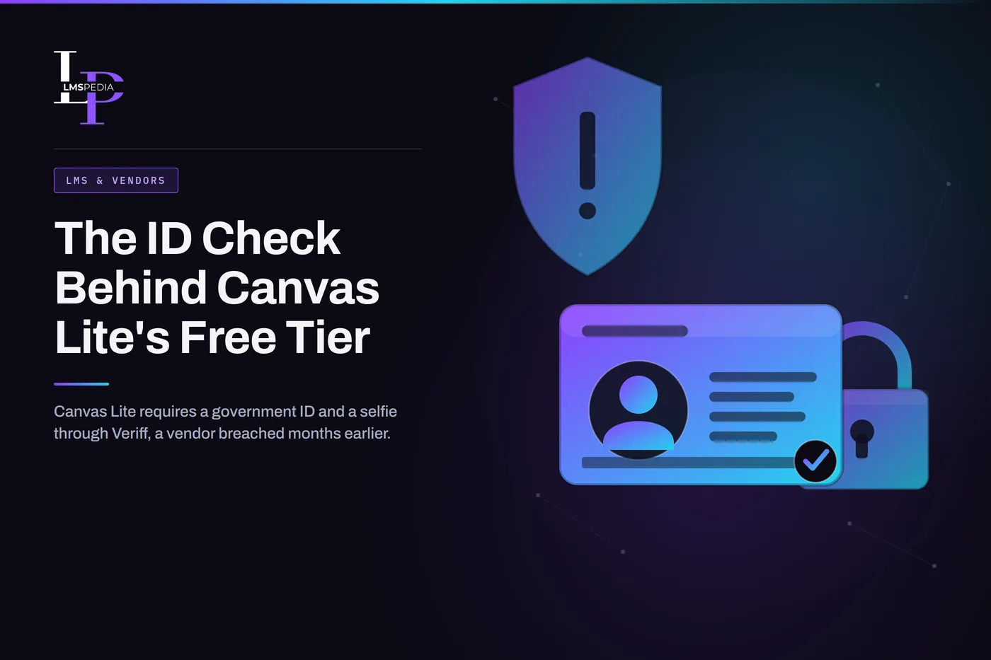 Canvas Lite ID verification card and padlock illustration on dark purple-to-cyan LMSPedia background, representing the Veriff identity check and data-breach disclosure gap