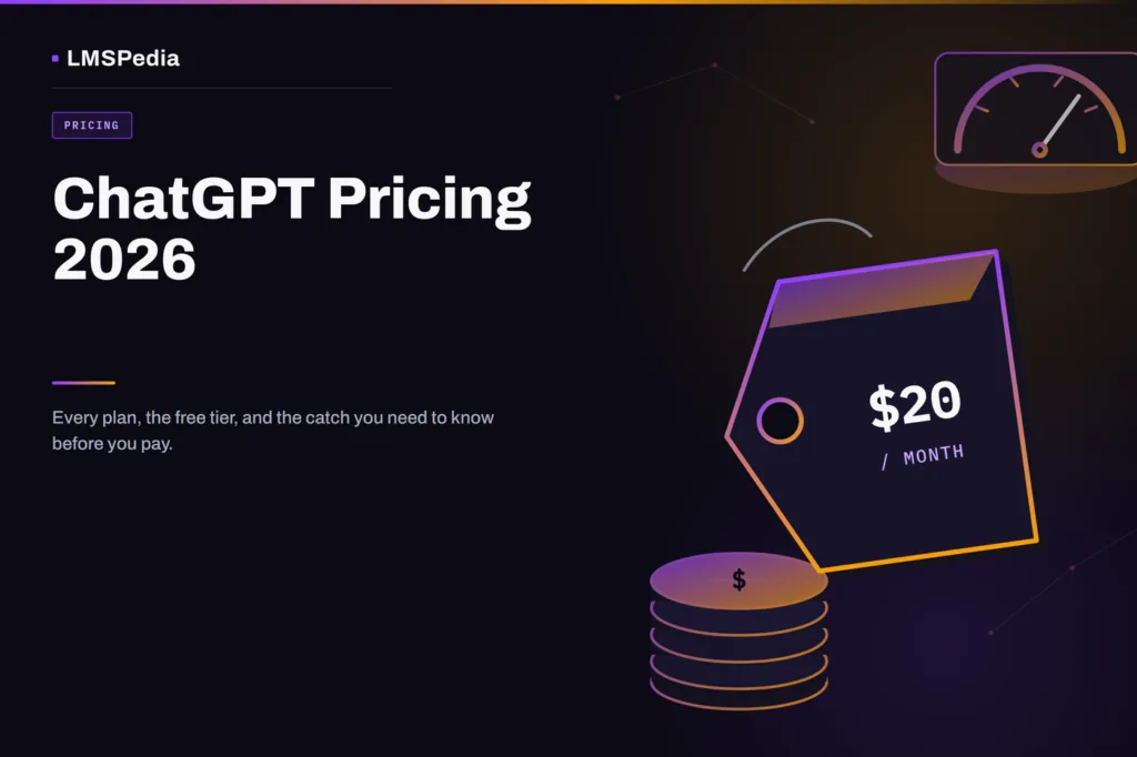 Isometric price tag, coin stack and cost gauge illustrating ChatGPT pricing 2026 on a dark purple-to-amber LMSPedia background
