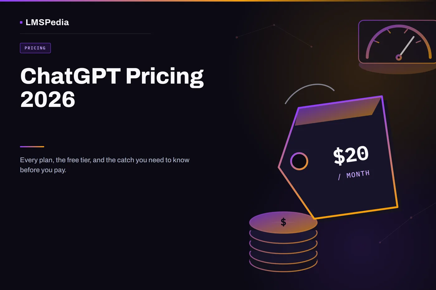 Isometric price tag, coin stack and cost gauge illustrating ChatGPT pricing 2026 on a dark purple-to-amber LMSPedia background