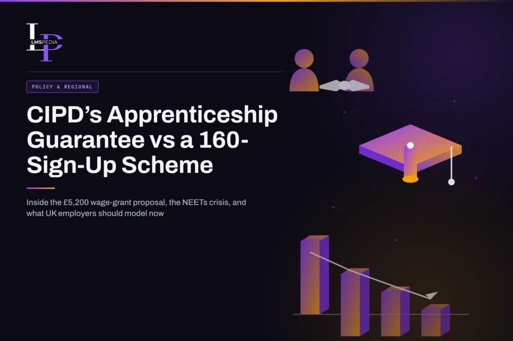 Dark purple-to-amber gradient graphic with LMSPedia logo, "Policy & Regional" chip, headline "CIPD's Apprenticeship Guarantee vs a 160-Sign-Up Scheme," and isometric icons of a graduation cap, a downward-trend bar chart, and a handshake between two figures.