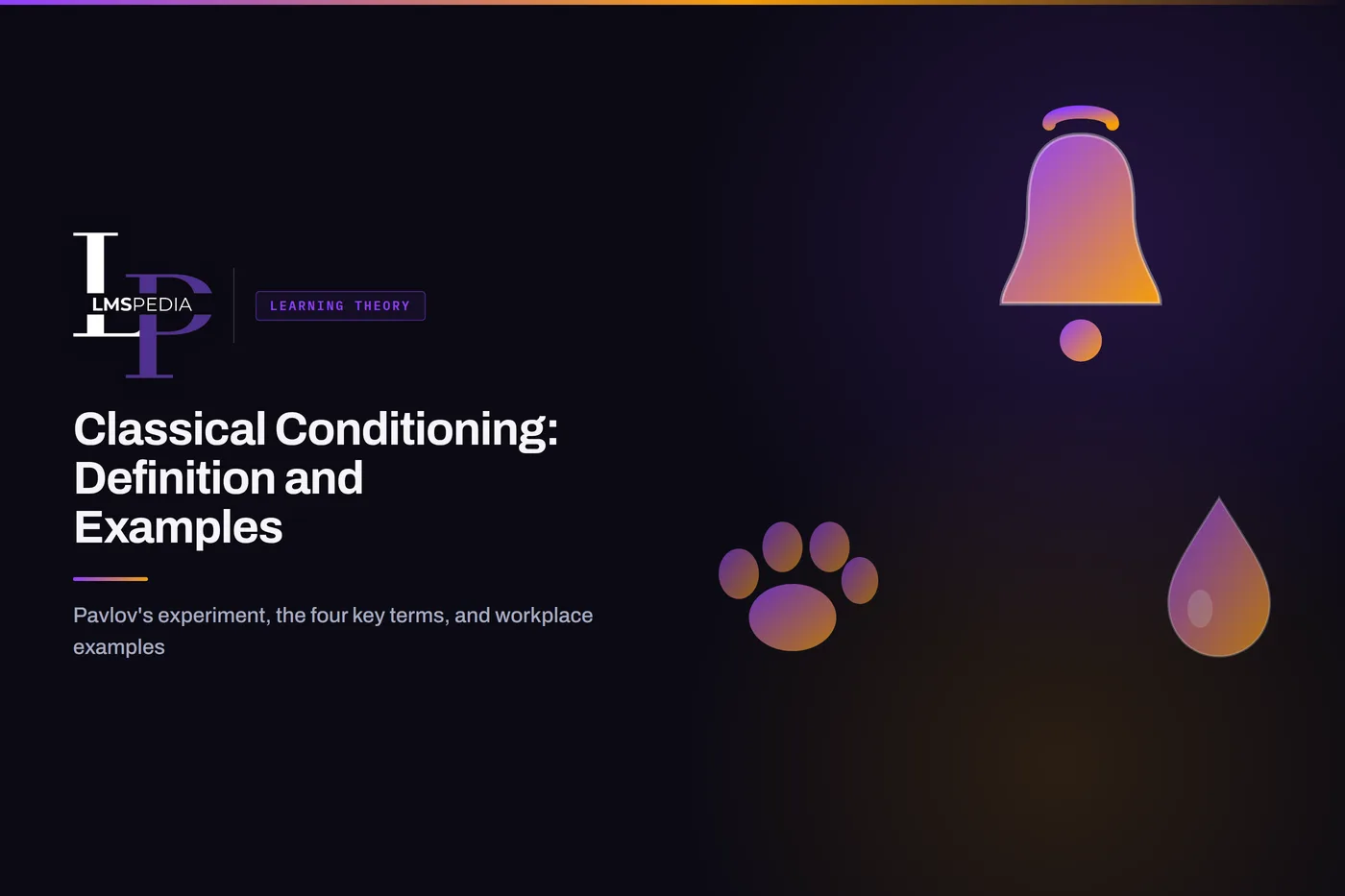 Bell, paw print and droplet icons illustrating classical conditioning and Pavlov's experiment on a dark LMSPedia background
