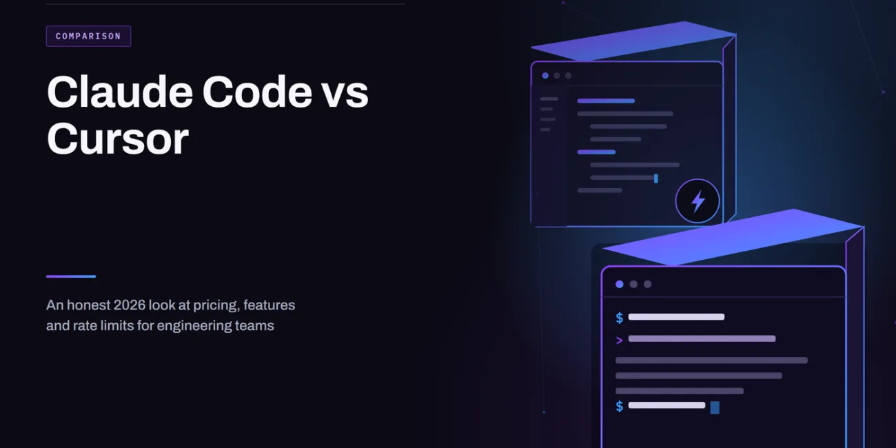 Isometric illustration of a terminal window representing Claude Code and a code editor window representing Cursor, connected by a lightning-bolt divider, on a dark purple-to-blue LMSPedia comparison graphic