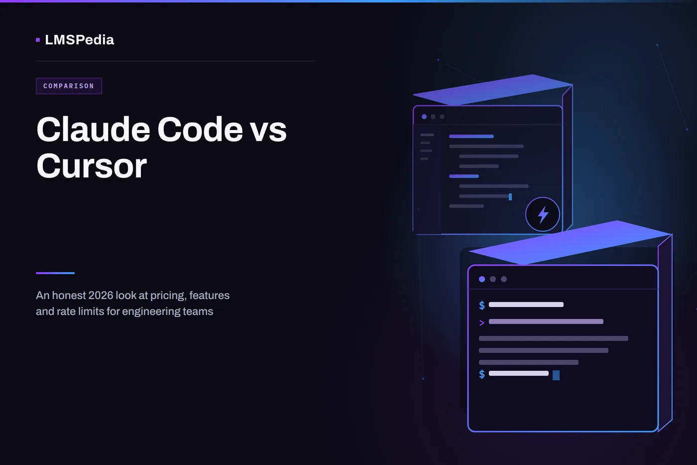Isometric illustration of a terminal window representing Claude Code and a code editor window representing Cursor, connected by a lightning-bolt divider, on a dark purple-to-blue LMSPedia comparison graphic