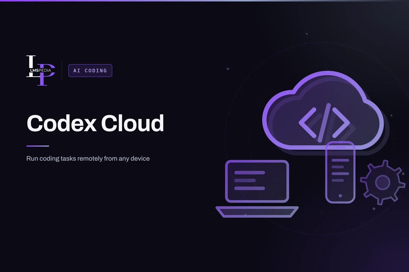 Cloud with code brackets connected to a laptop and phone, illustrating Codex cloud