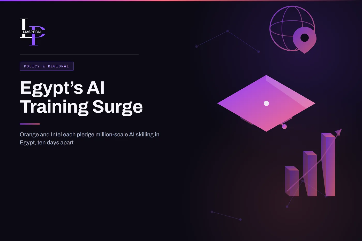 Egypt's AI Training Surge — Orange and Intel AI-skilling announcement, LMSPedia illustration with graduation cap, rising bar chart and globe map pin