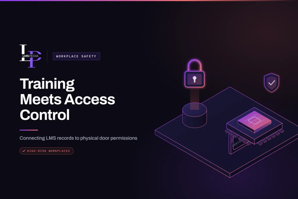 Employee training records connected to physical access control, with a padlock, training database and compliance shield illustrating the link between qualification and door access