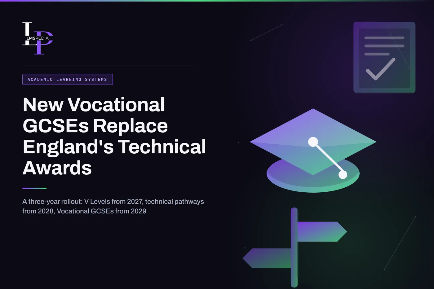 Vocational GCSEs replacing Technical Awards in England, timeline illustration with graduation cap, exam paper and toolbox icons