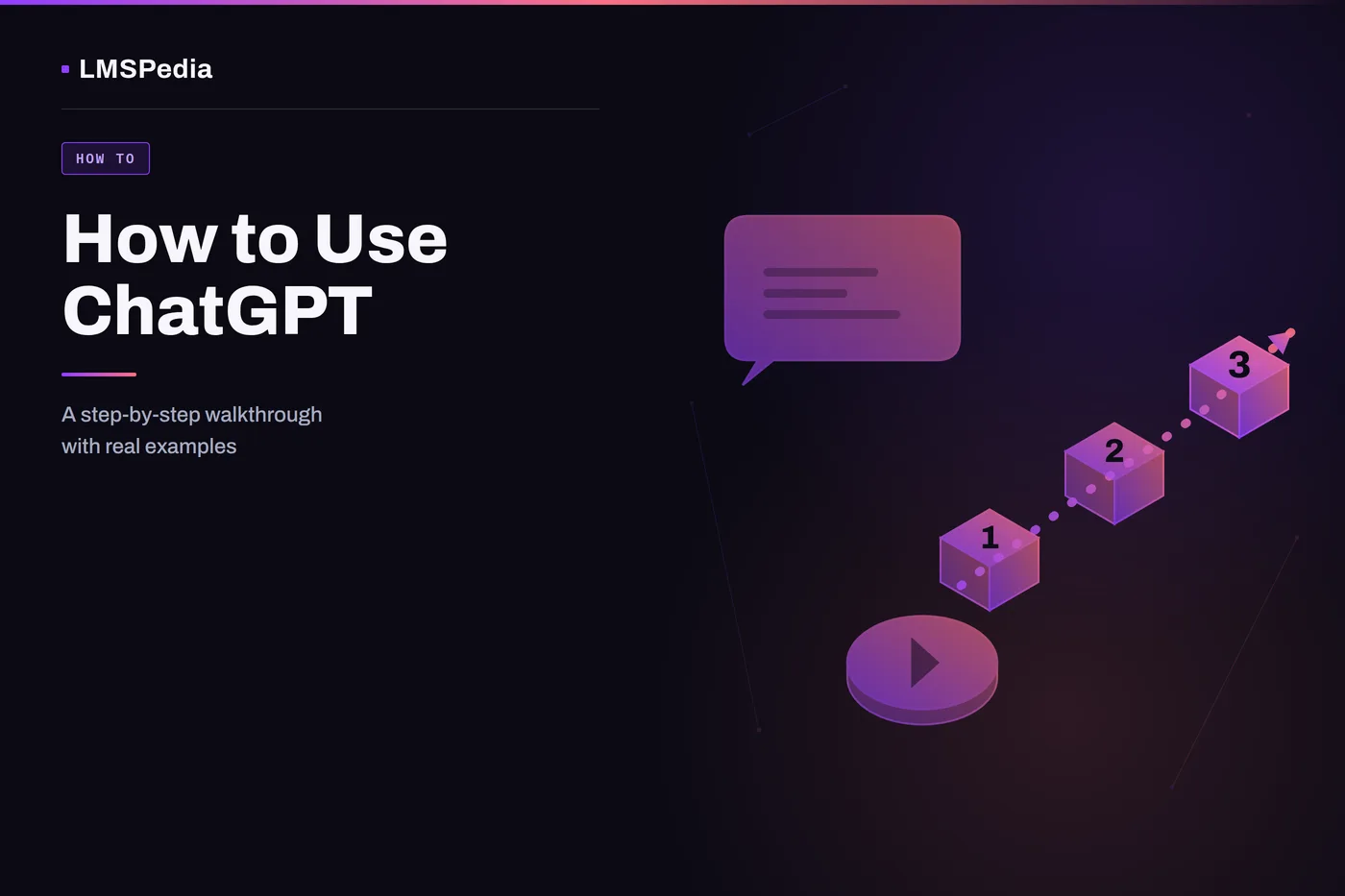 Isometric illustration of numbered step blocks connected by a flow arrow, a chat bubble, and a play button, representing a step-by-step ChatGPT walkthrough, on a dark purple LMSPedia background