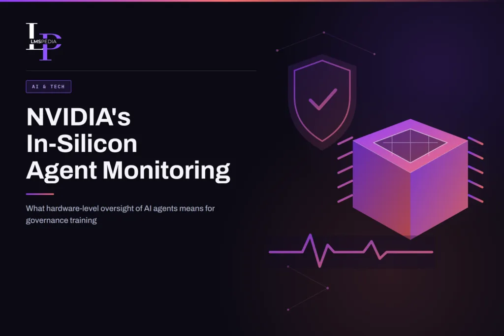 Isometric illustration of a purple-to-red gradient GPU chip die with a shield and a monitoring pulse waveform, representing NVIDIA in-silicon AI agent safety monitoring