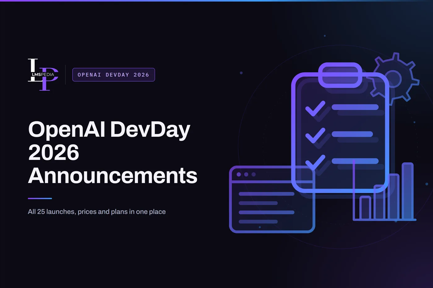 Clipboard checklist beside a browser window and bar chart, illustrating the OpenAI DevDay 2026 announcements