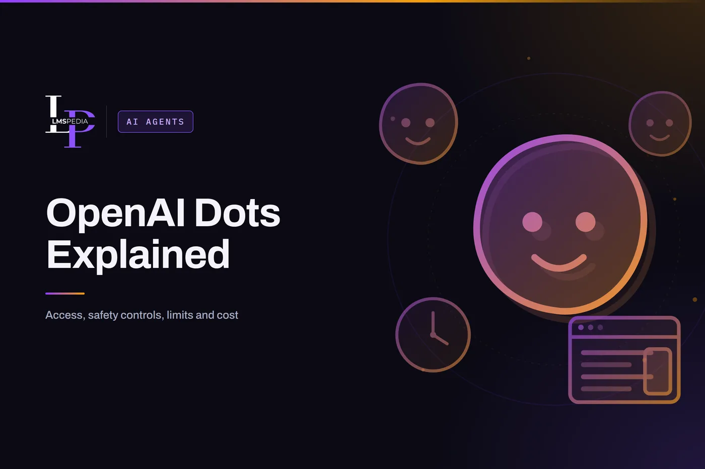 Friendly blob-shaped AI agent avatars beside a clock and browser window, illustrating OpenAI Dots