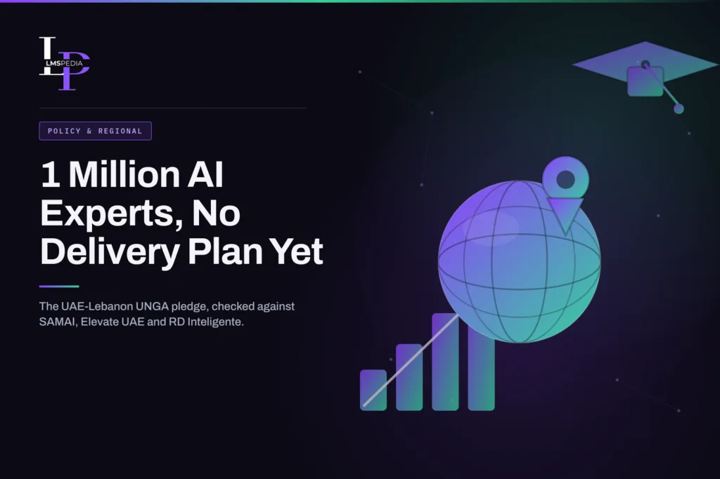 Dark purple-to-emerald illustration of a globe with a map pin, a graduation cap and a rising bar chart, representing the UAE-Lebanon AI training initiative