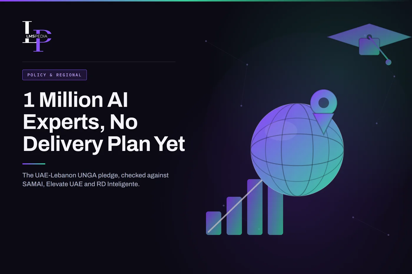 Dark purple-to-emerald illustration of a globe with a map pin, a graduation cap and a rising bar chart, representing the UAE-Lebanon AI training initiative