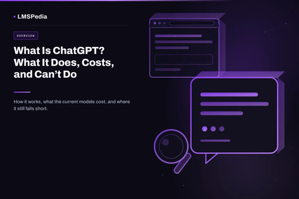 What is ChatGPT illustration with a chat bubble, browser window and magnifying glass in LMSPedia purple-to-violet gradient