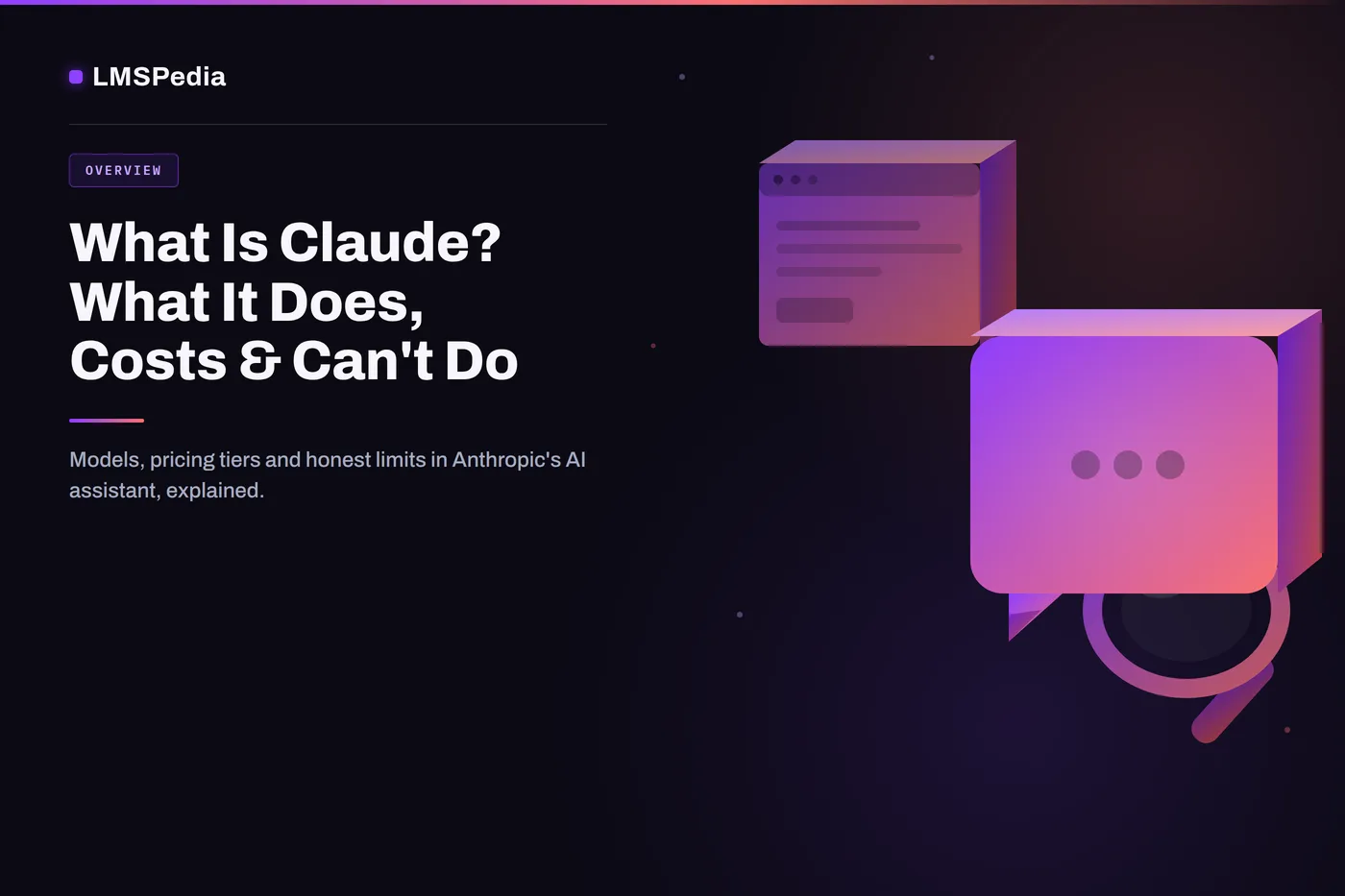Isometric illustration of a chat bubble, browser window and magnifying glass representing Claude, Anthropic's AI assistant